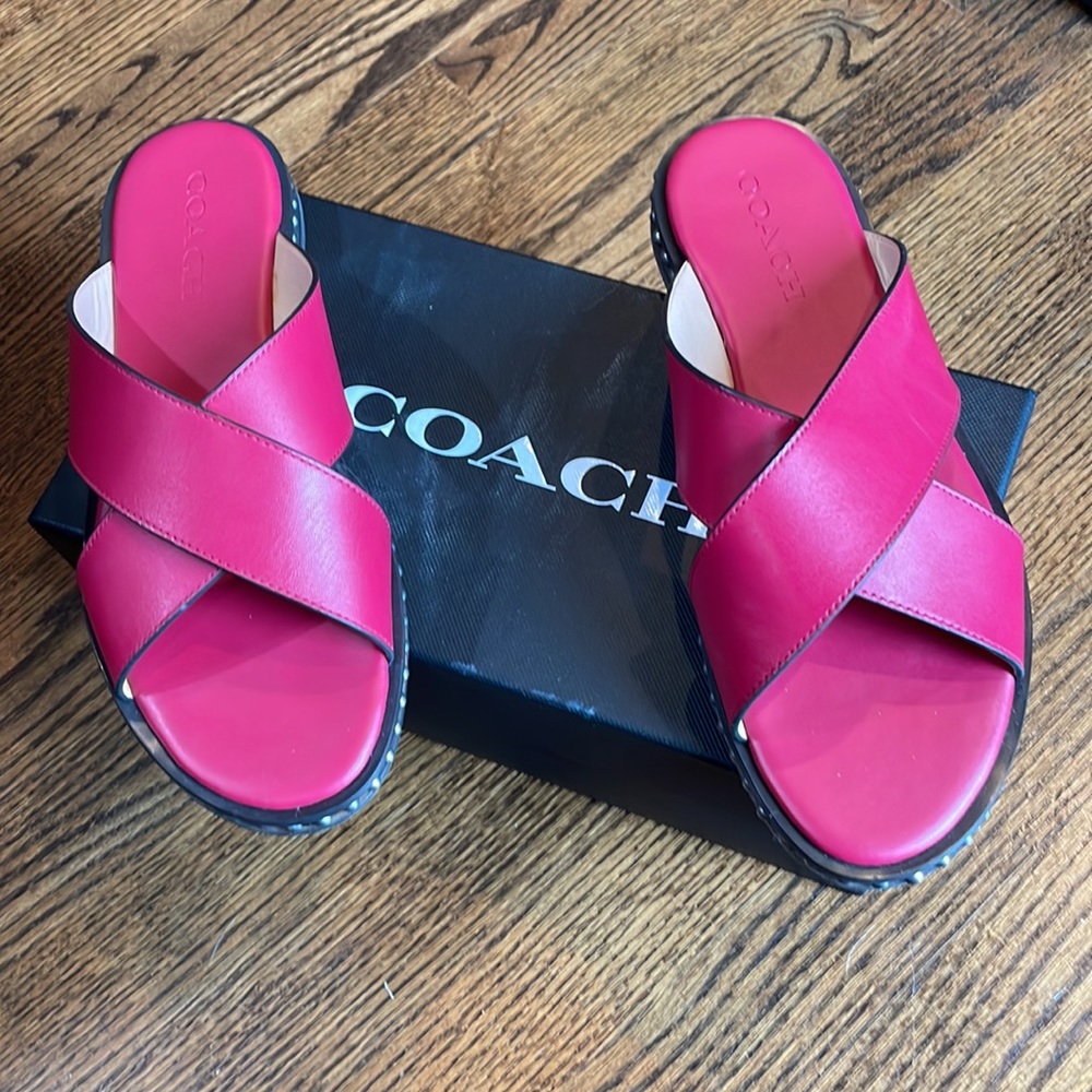 Coach leather slide sandals in Bright Cherry!